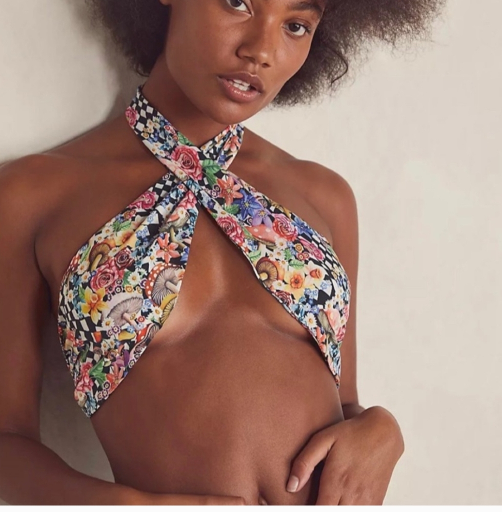 NEW For Love & Lemons Deidre Halter Scarf wrap Top floral checker size small
